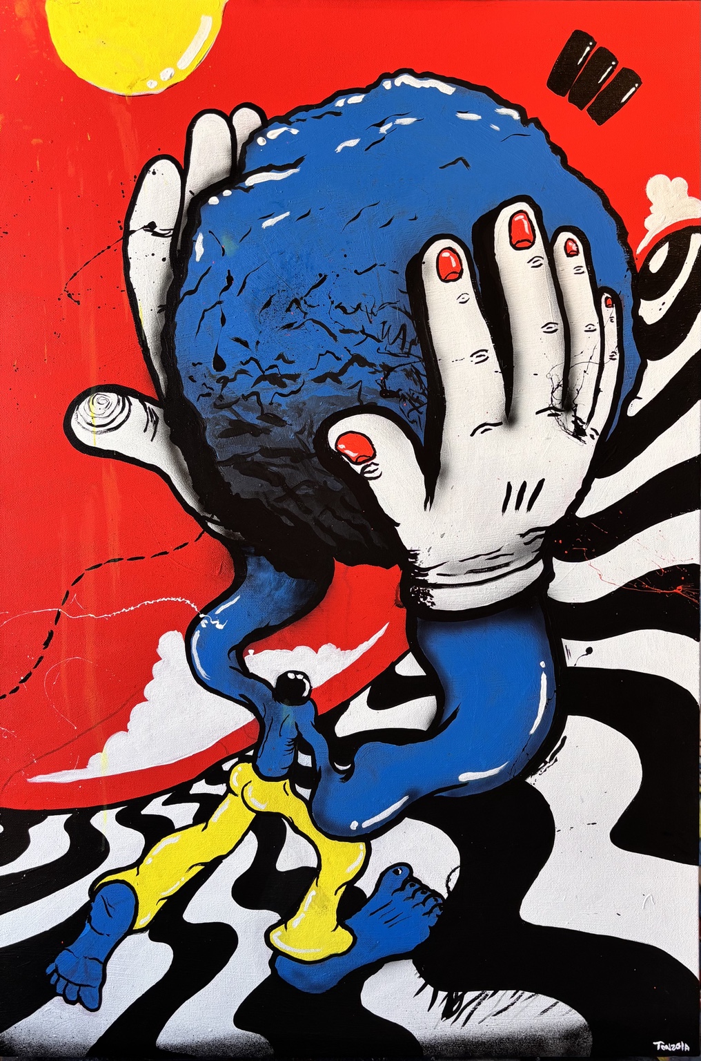Sisyphus, a blue figure pushing a boulder with oversized white hands against a red sky and black-and-white wavy ground